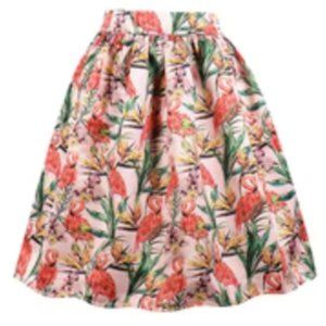 EUC Killreal Fashion Pink Tropical Flamingo Half-Circle Pinup Skirt womens 14